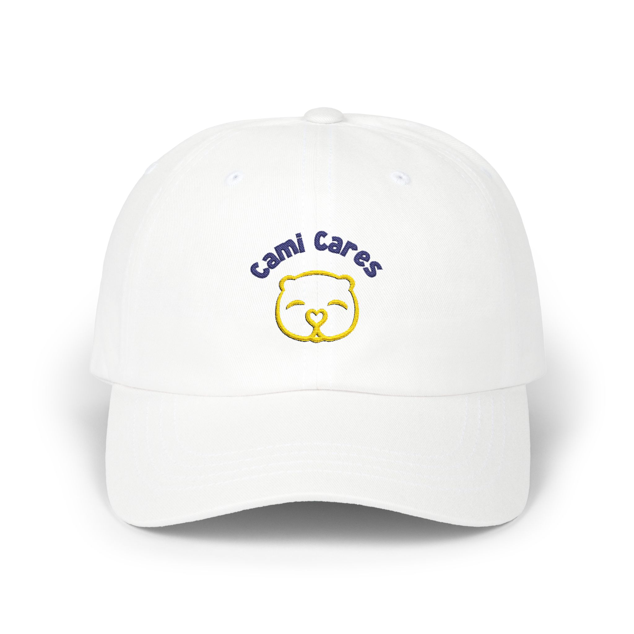 White cap with Cami Cares embroidery